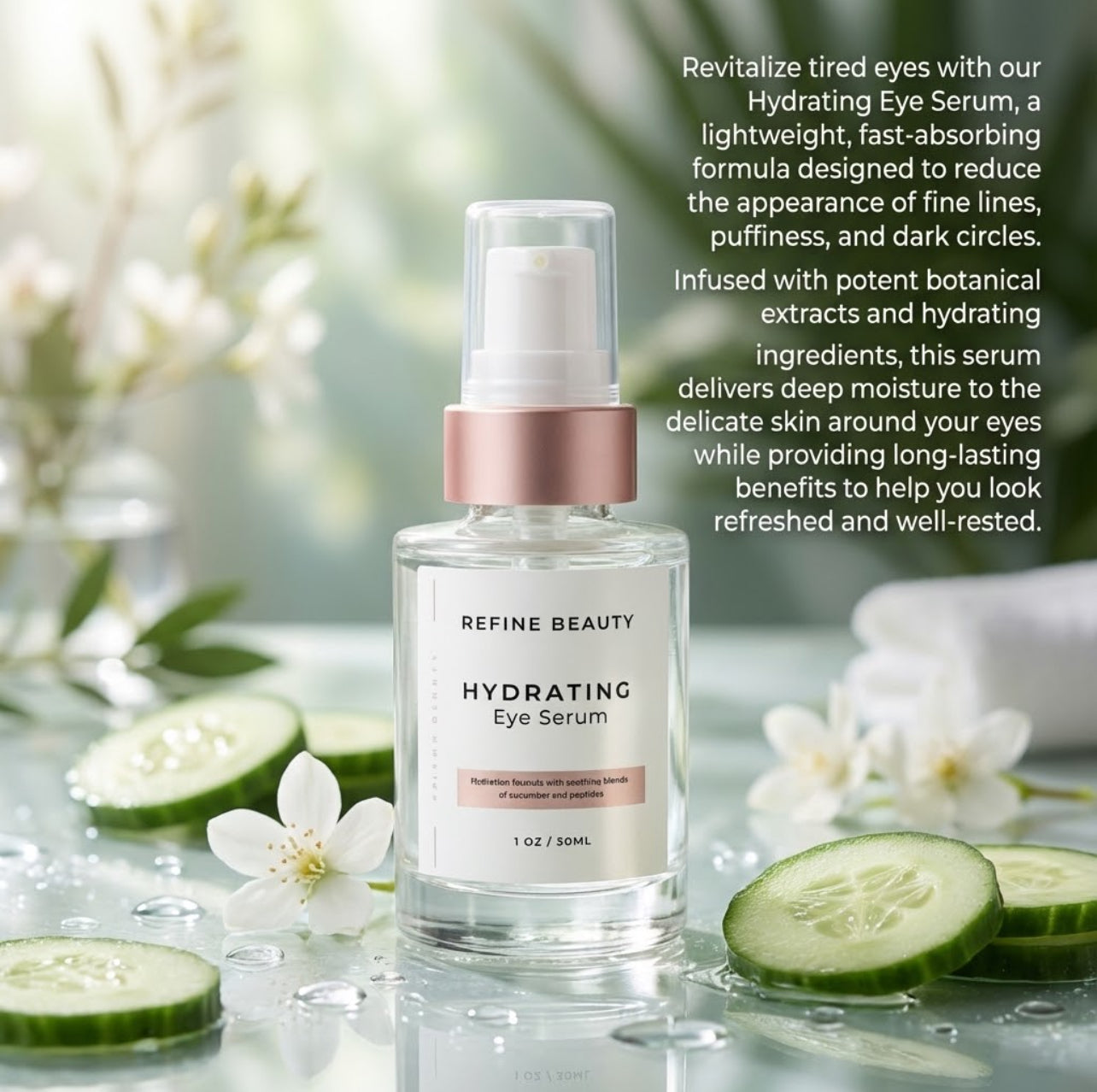 Refine Beauty Hydrating Eye Serum bottle with cucumber slices and flowers on a reflective surface
