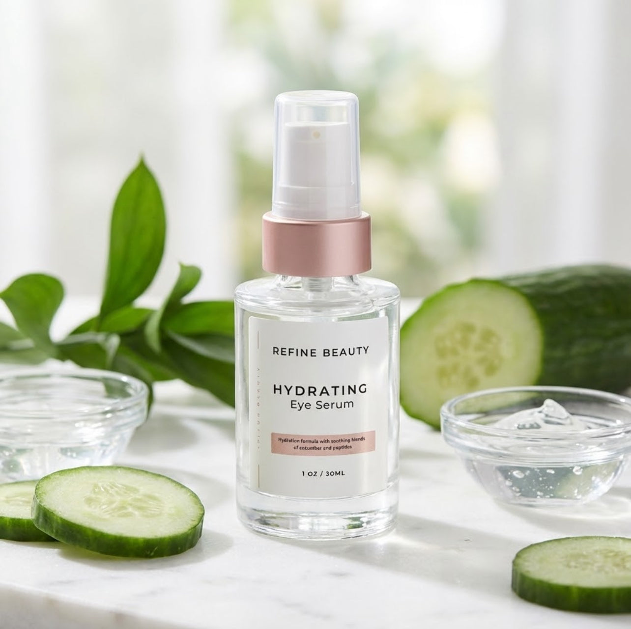 Refine Beauty hydrating eye serum bottle with cucumbers and water dropper on a light surface