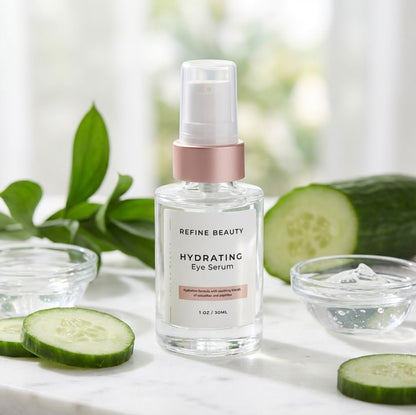 Refine Beauty hydrating eye serum bottle with cucumbers and water dropper on a light surface
