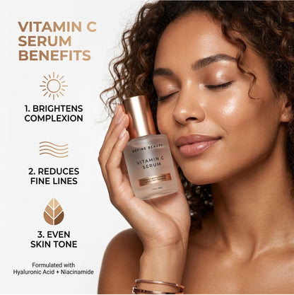 Women holding Refine Beauty Vitamin C Serum with Hyaluronic Acid + benefits 