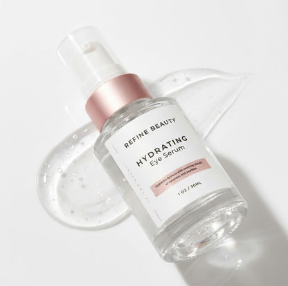 Refine Beauty Hydrating eye serum bottle with dropper on a light background