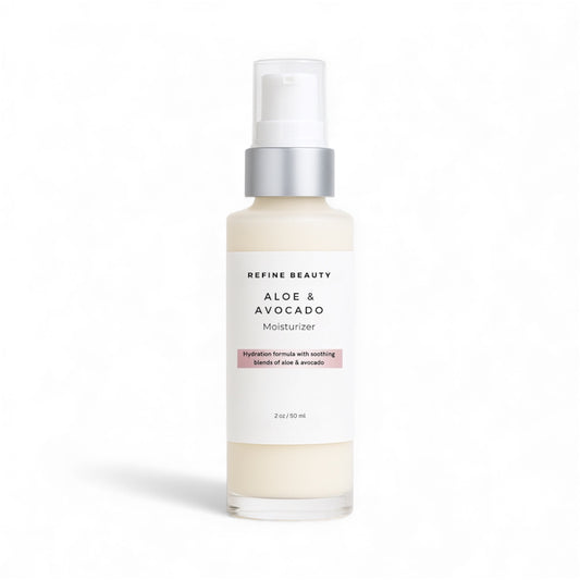 Refine Beauty Skincare bottle labeled 'Aloe & Avocado' on a white background