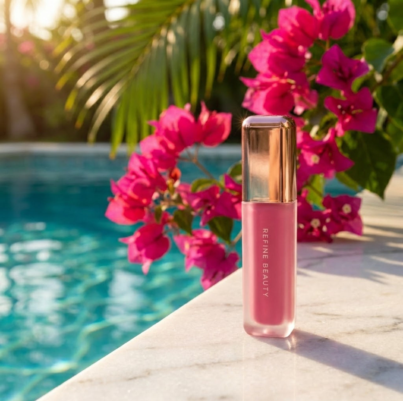 Refine Beauty blush bottle with rose gold cap on a marble ledge by a pool with pink flowers in the background