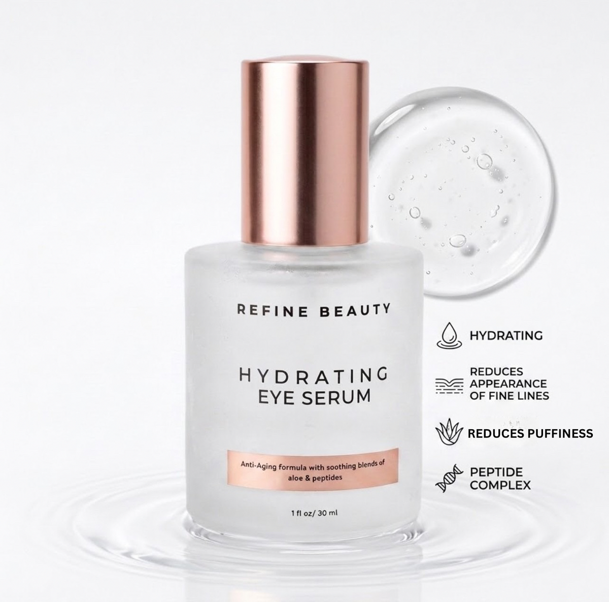 Refine Beauty Hydrating Eye Serum with clear gel swatch on white background 