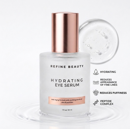 Refine Beauty Hydrating Eye Serum with clear gel swatch on white background 