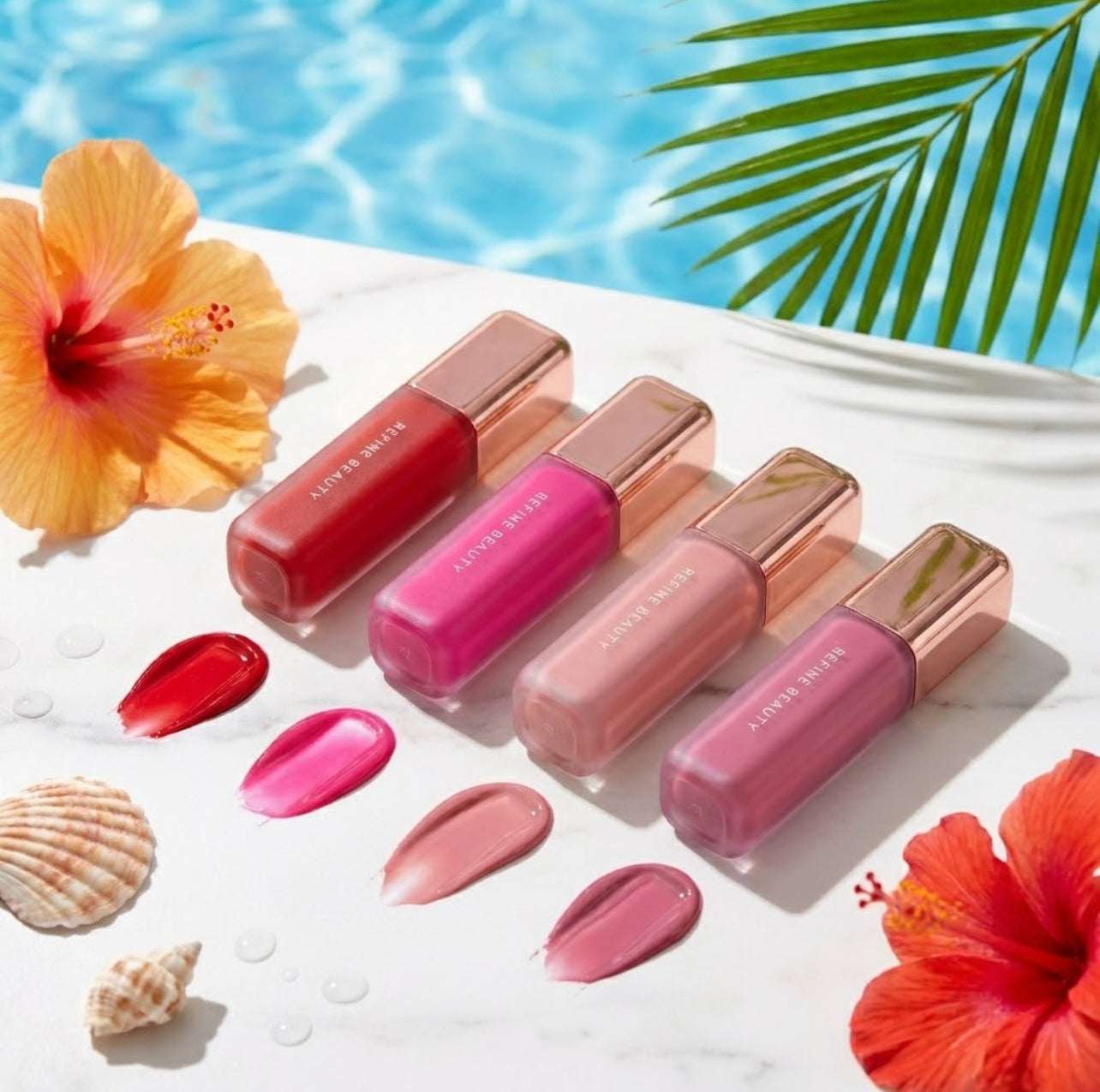 Set of Refine Beauty blush with floral and beach elements on a bright background