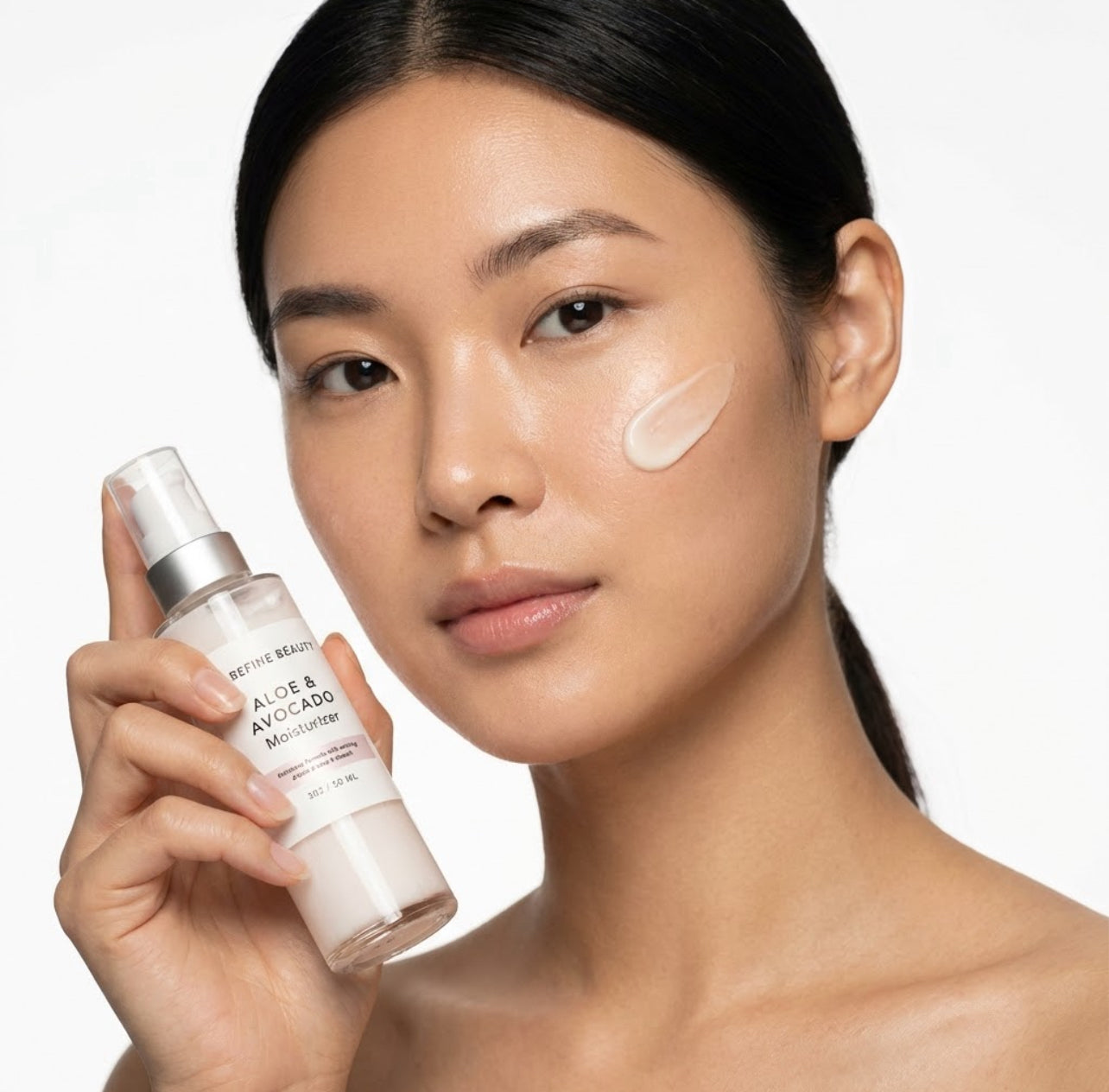 Woman holding Refine Beauty aloe & avocado moisturizer with a white background