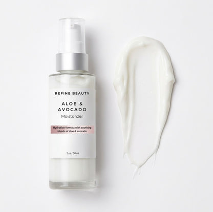 Refine Beauty aloe & avocado moisturizer bottle with a swatch of cream on a white background