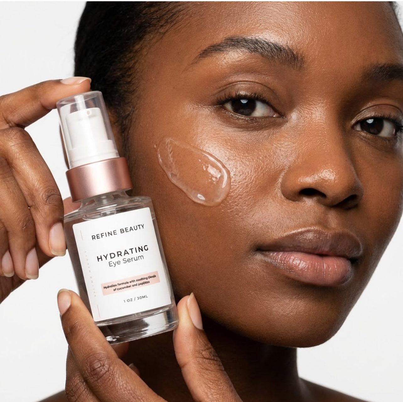 Woman holding a bottle of Refine Beauty hydrating eye serum with a visible droplet on her face.