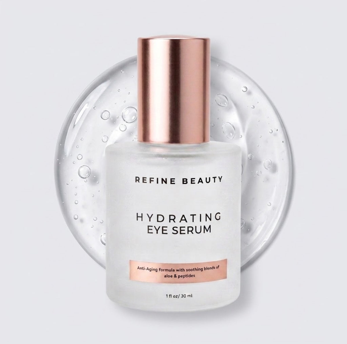 Refine Beauty Hydrating Eye Serum with clear gel swatch on white background 