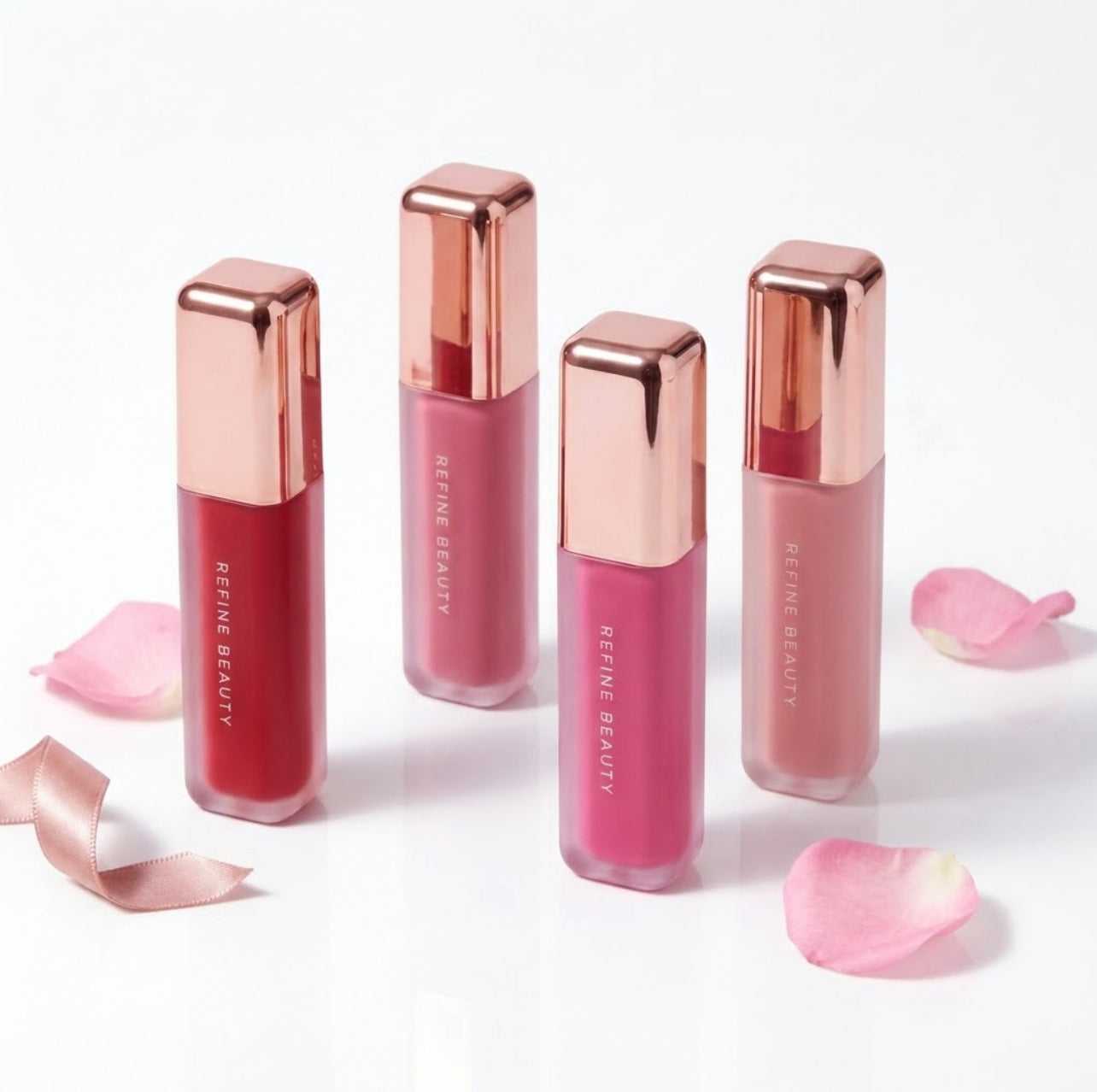 Refine Beauty blush with rose gold caps on a white background with pink petals.
