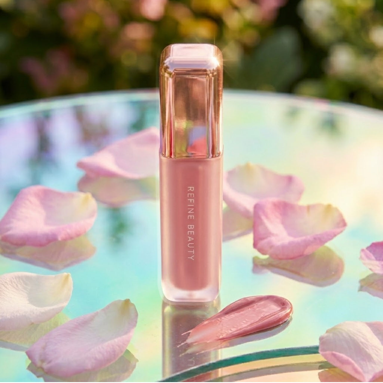 Refine Beauty blush on a reflective surface with flower petals.
