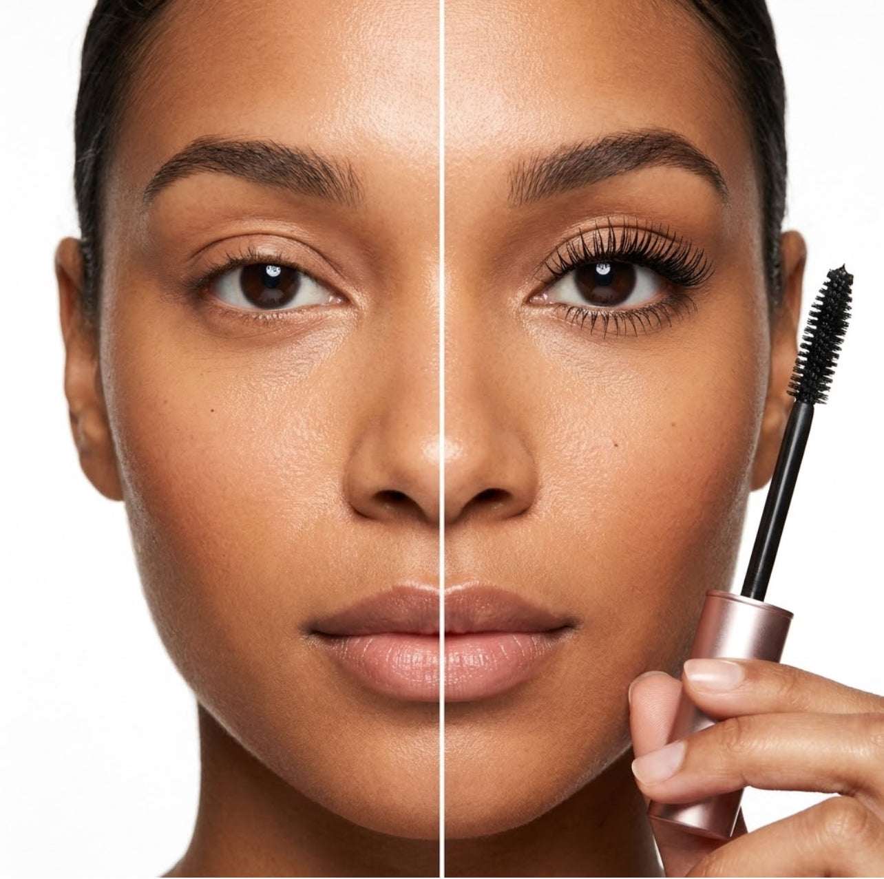 Close-up of a woman's face with Refine Beauty volume mascara  and a hand holding a mascara wand.