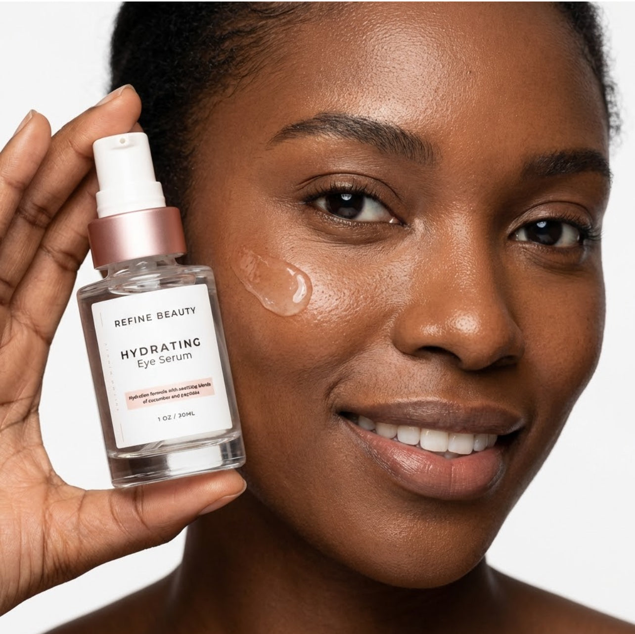 Woman holding a bottle of Refine Beauty Hydrating Eye Serum with visible droplets on her face.