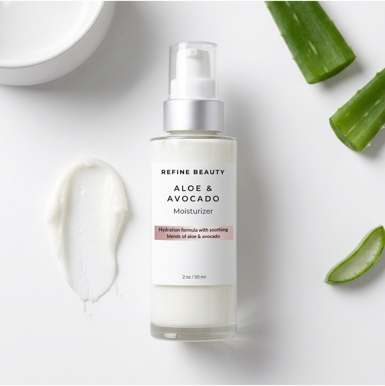 Refine Beauty Aloe and avocado moisturizer bottle with aloe vera slices on a white background