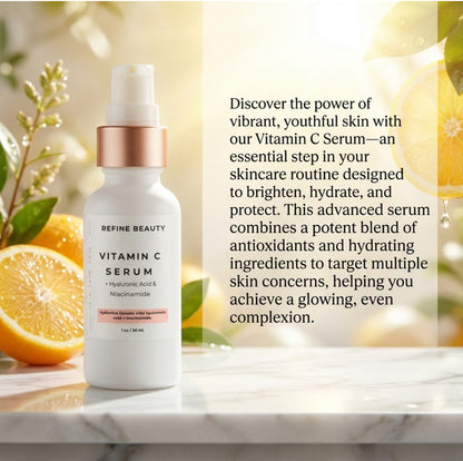 Refine Beauty Vitamin C serum bottle with lemon slices and text on a blurred background