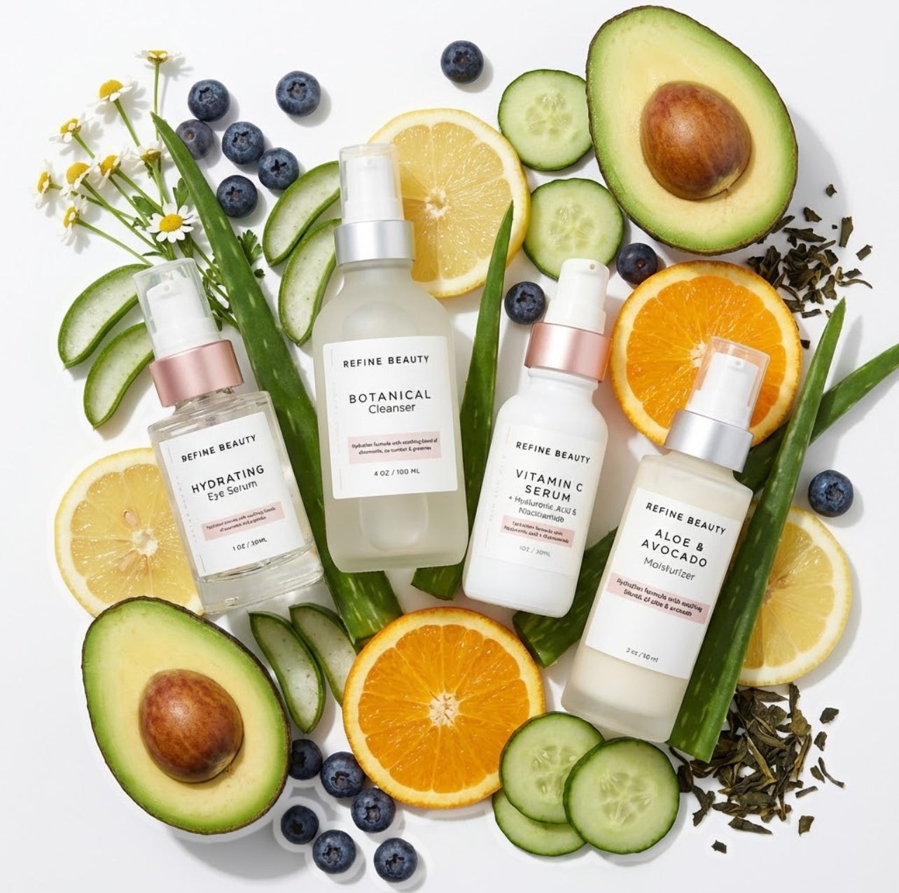 Refine Beauty Hydration GLOW set Cosmetic products with botanical ingredients including avocados, oranges, cucumbers, and lemons on a white background.