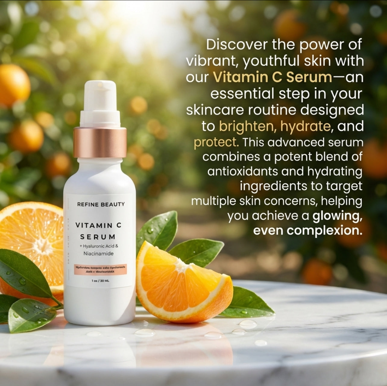 Refine Beauty Vitamin C serum bottle with oranges and leaves on a marble surface, promotional text about skincare benefits.