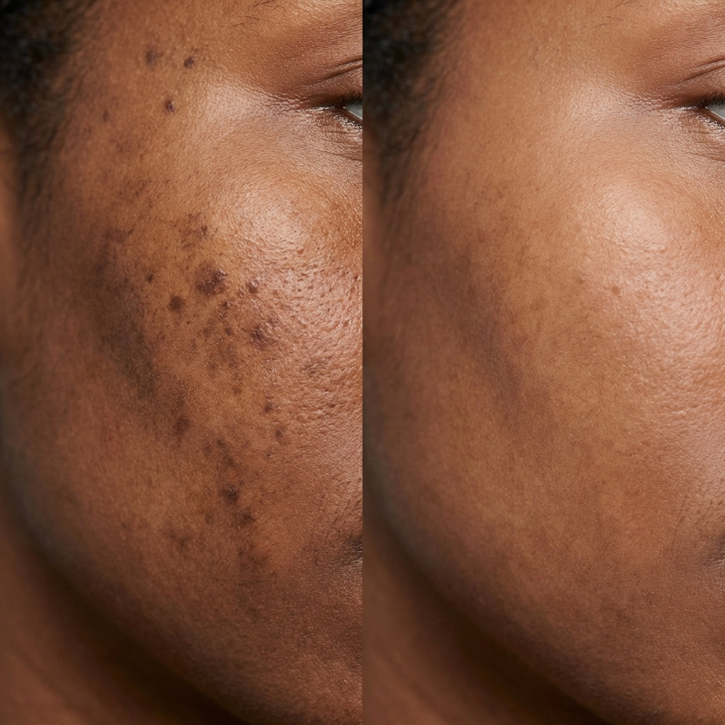 Before and after comparison of skin with visible acne scars on a person's face, after using Refine Beauty Vitamin C Serum 