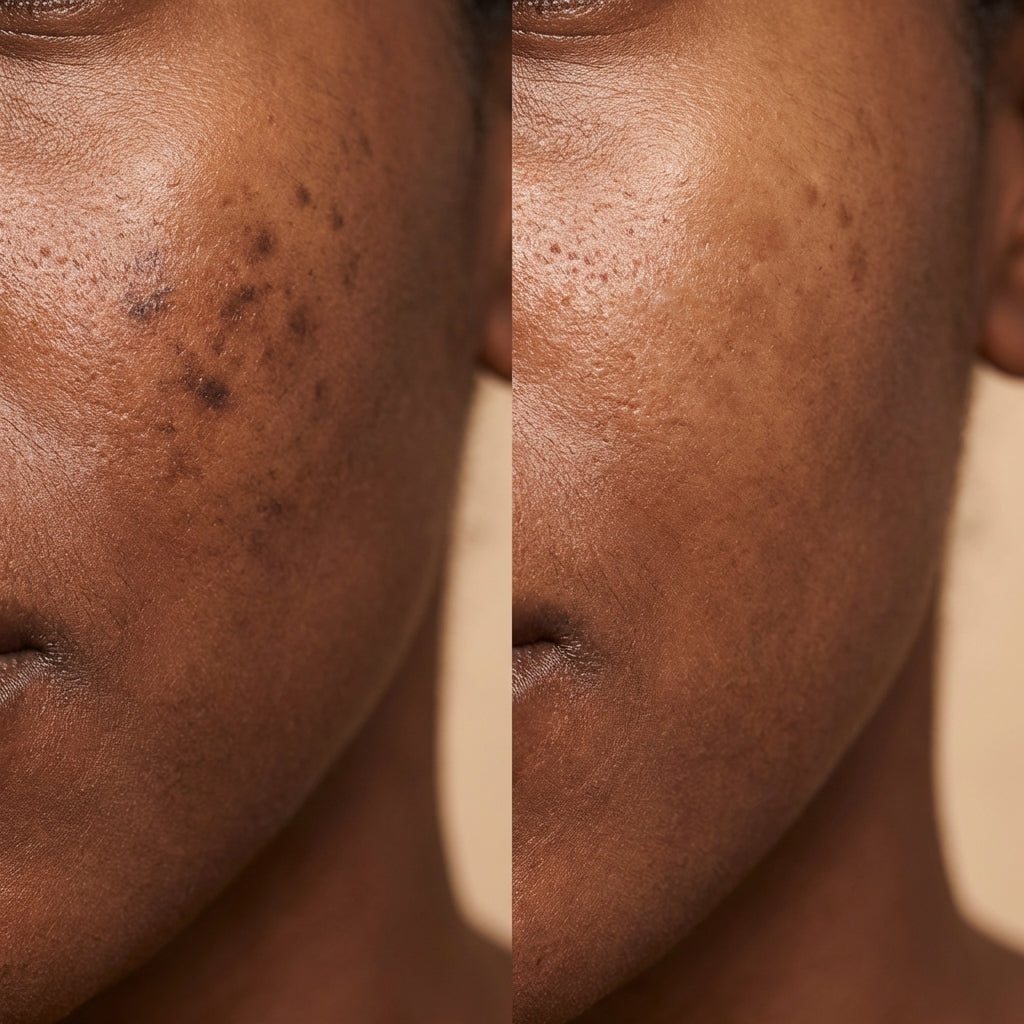 Close-up of a person's face with and without acne scars, showing before and after effects, after using Refine Beauty Vitamin C Serum 