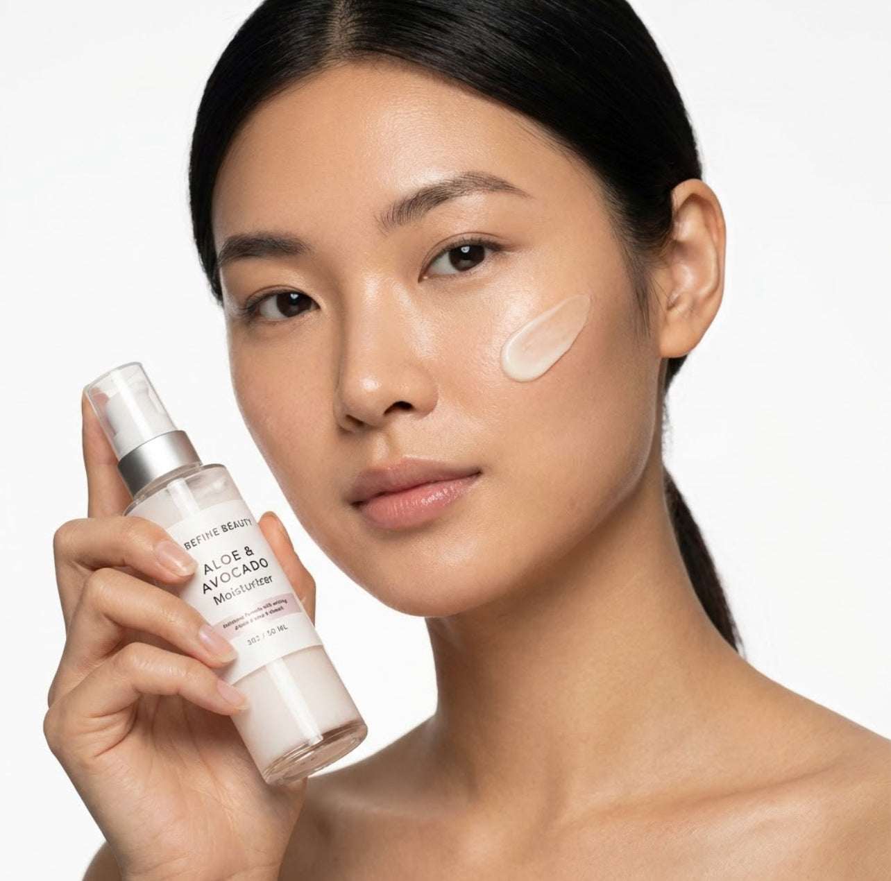 Woman holding Refine Beauty  Aloe & Avocado moisturizer skincare product with a white background