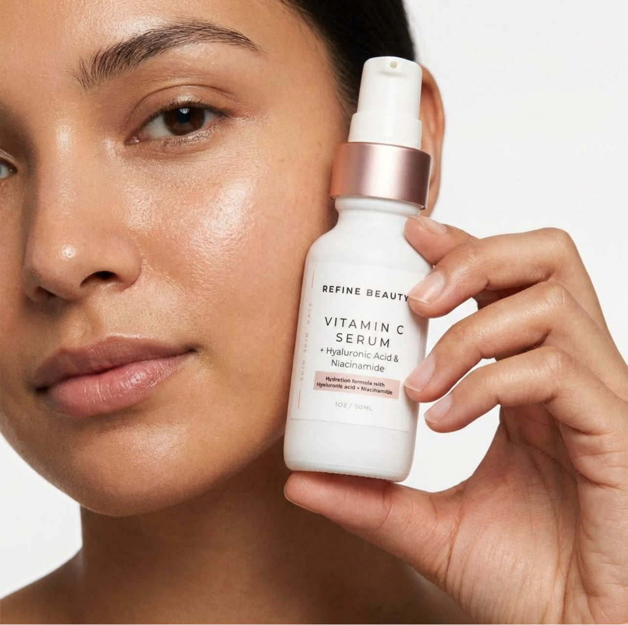 Person holding a bottle of Refine Beauty Vitamin C serum close to their face