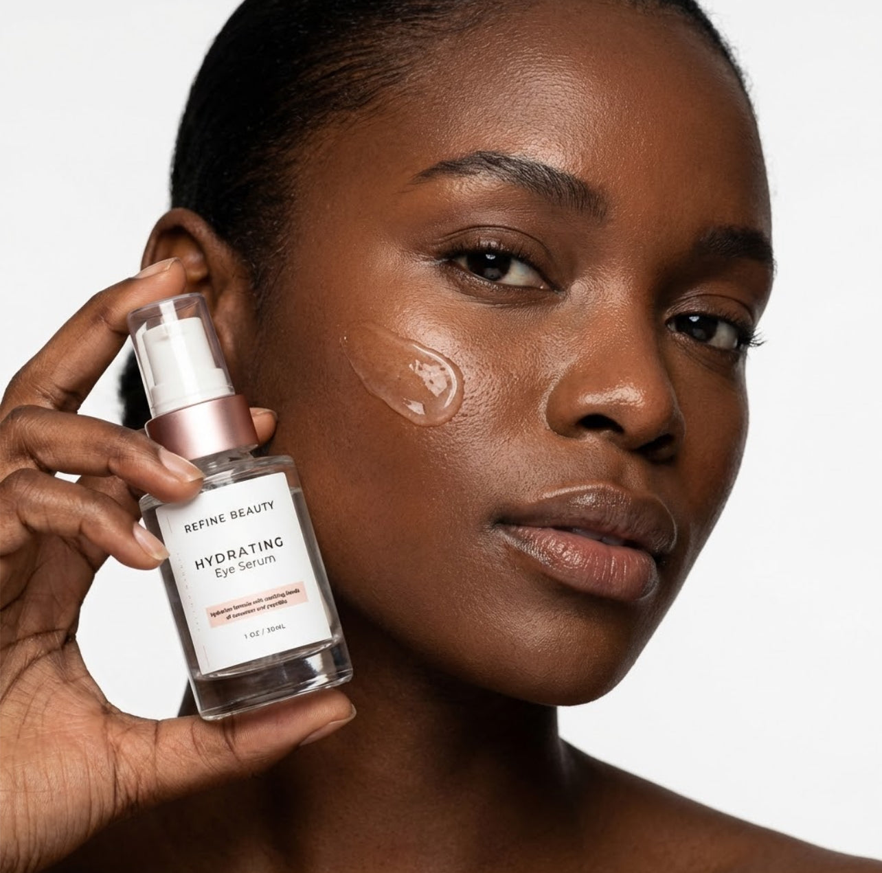 Woman holding a Refine Beauty Hydrating Eye serum bottle with a neutral background
