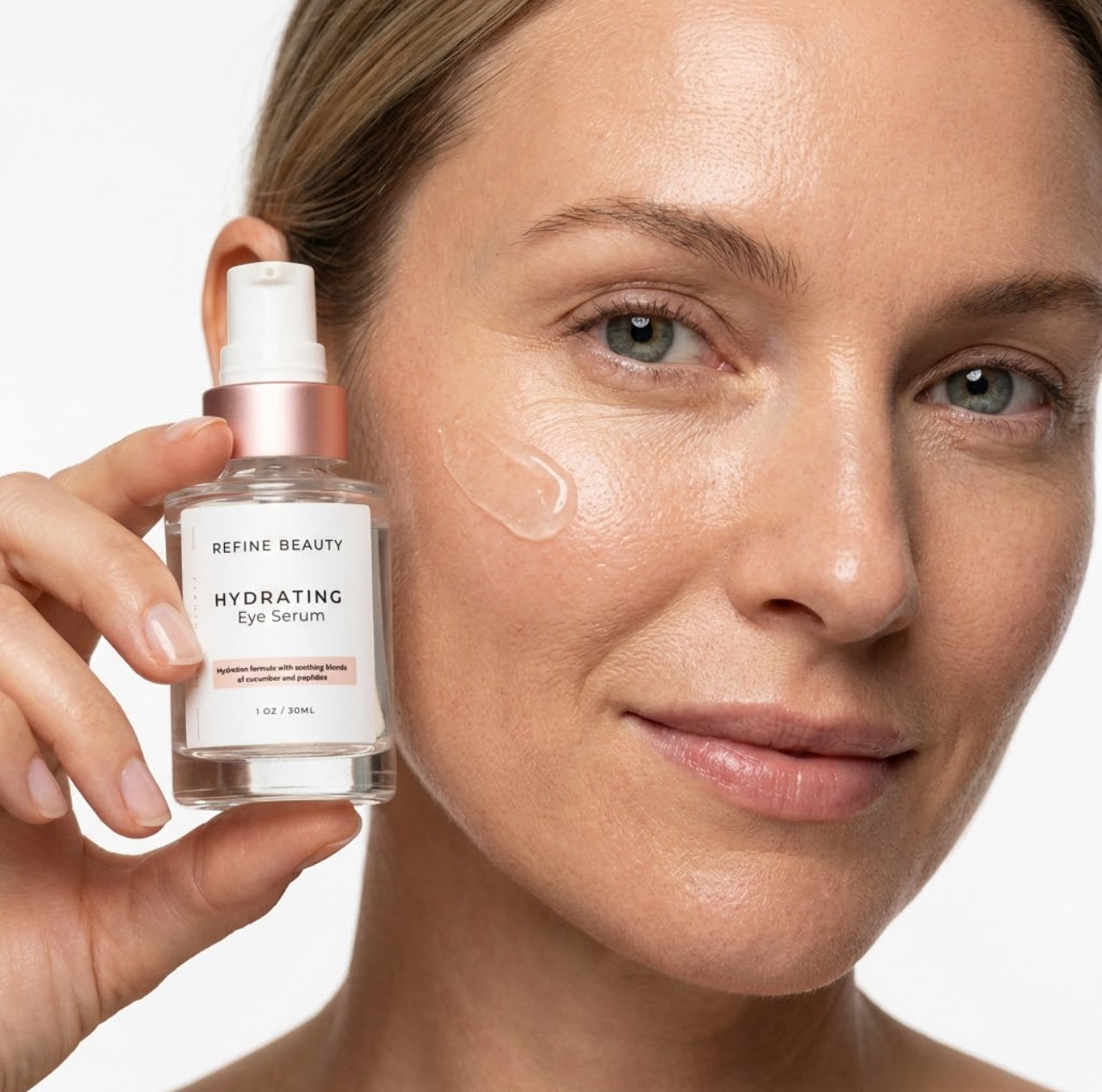 Woman holding a bottle of Refine Beauty Hydrating Eye Serum with a close-up of her face.