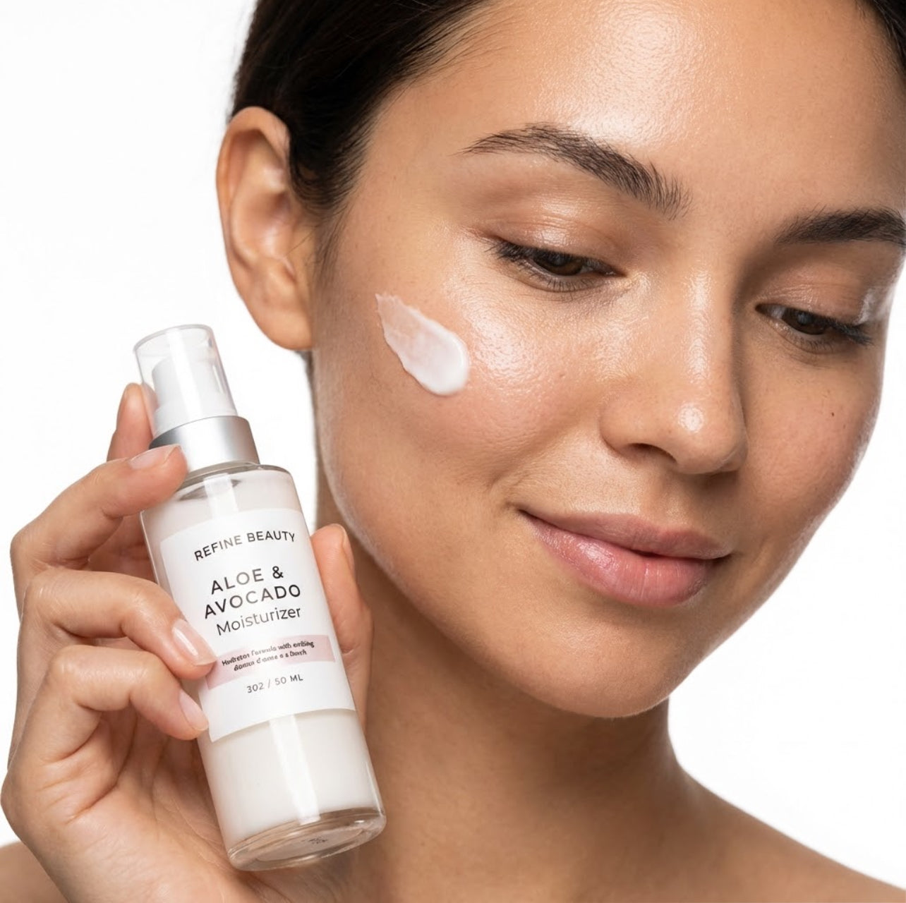 Woman applying Refine Beauty aloe and avocado moisturizer to her face with a clear background