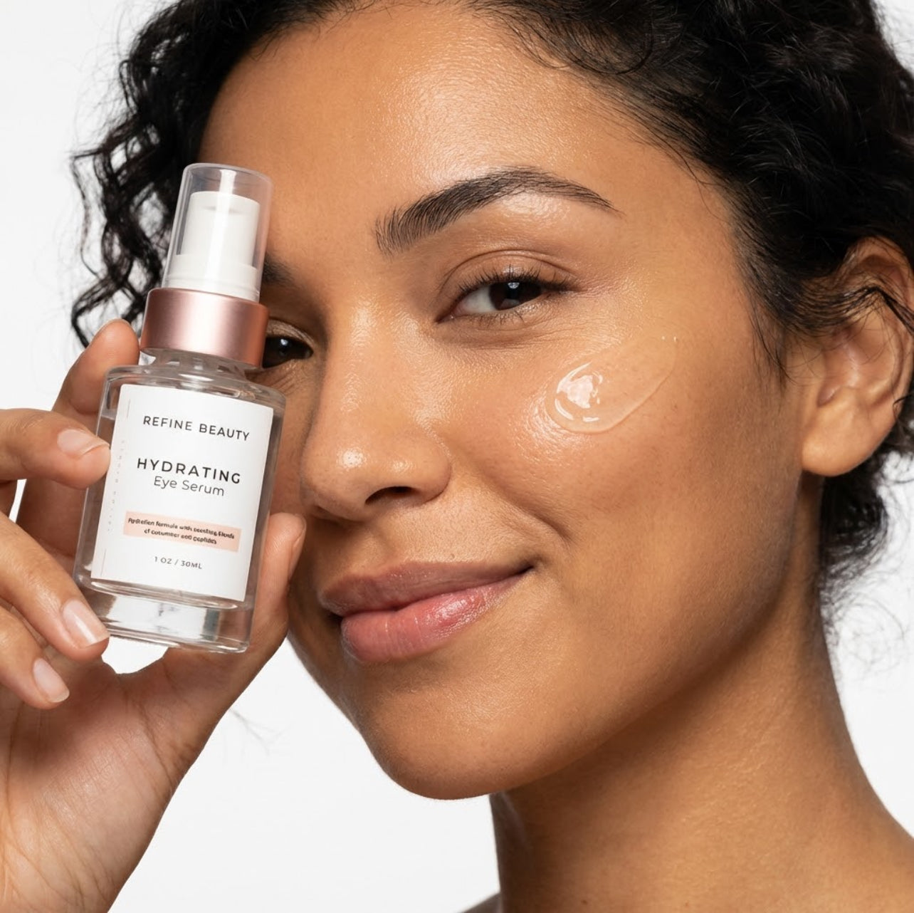 Woman holding a bottle of Refine Beauty hydrating eye serum with visible droplets on her face.