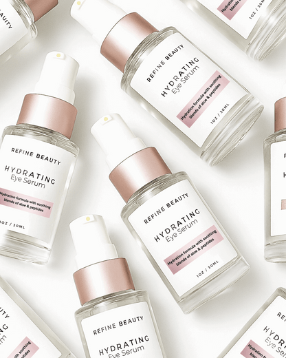 Multiple bottles of Refine Beauty Hydrating Eye Serum on a light background