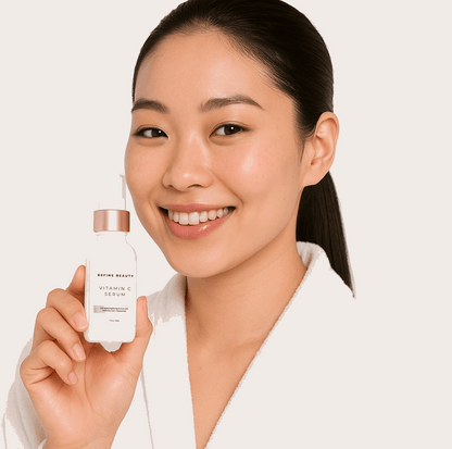 Woman holding a skincare serum bottle with a plain background