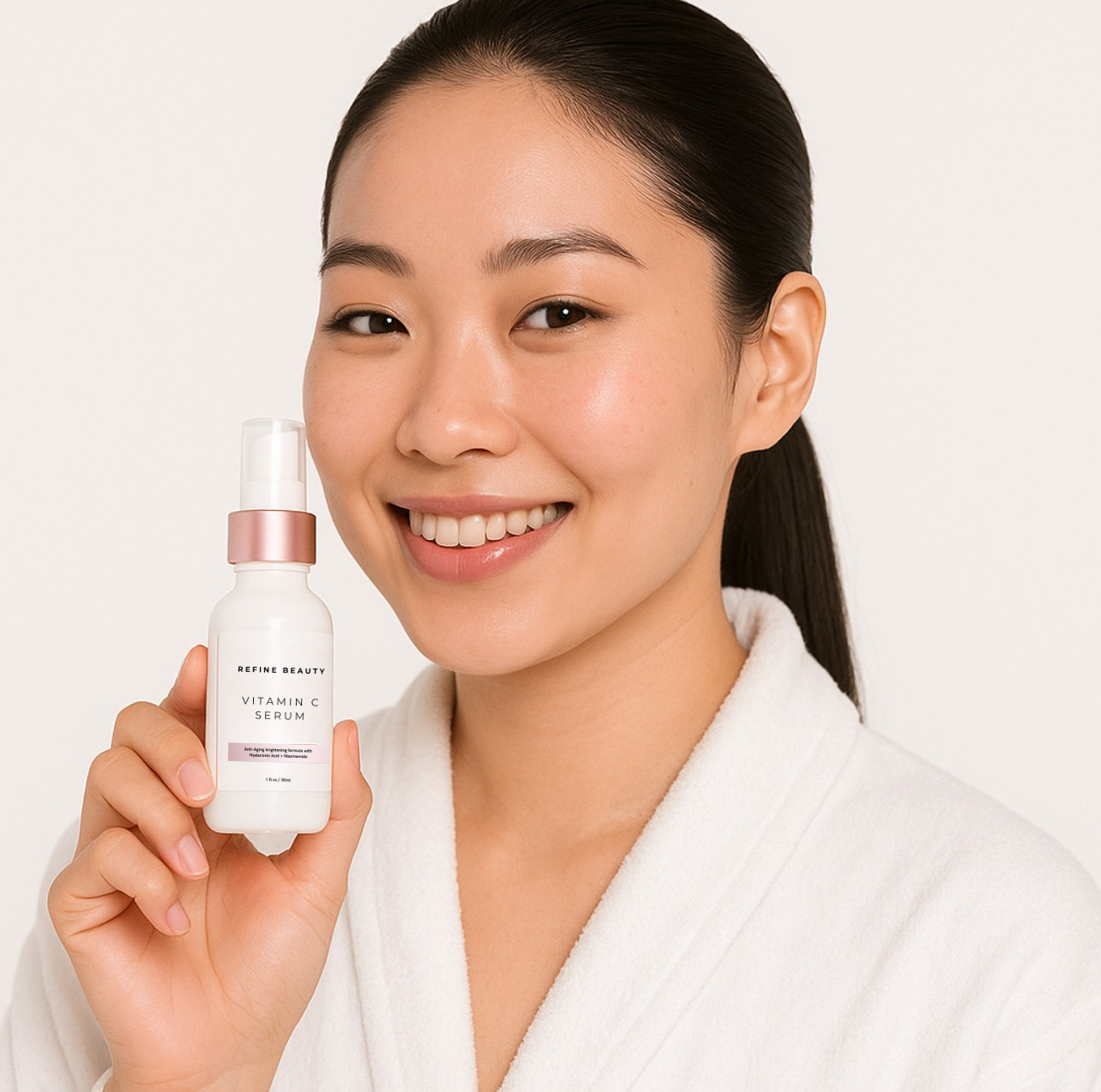 Woman holding a skincare serum bottle with a plain background